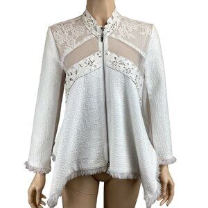 Alberto Makali New York White Lace &‎ Mesh Zip-Up Jacket Size Medium Fringe